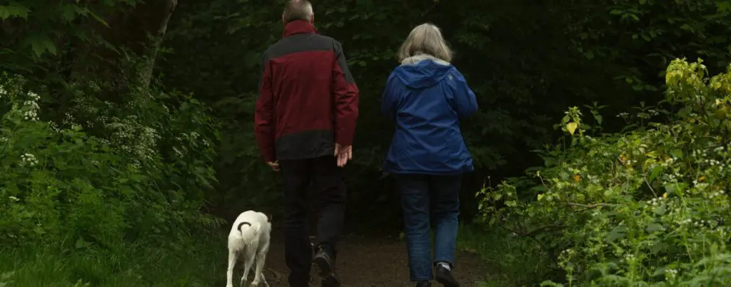 couple-dog-walking | McGregor PACE couple and their dog walking in park