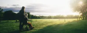 person pushing wheel chair in a field